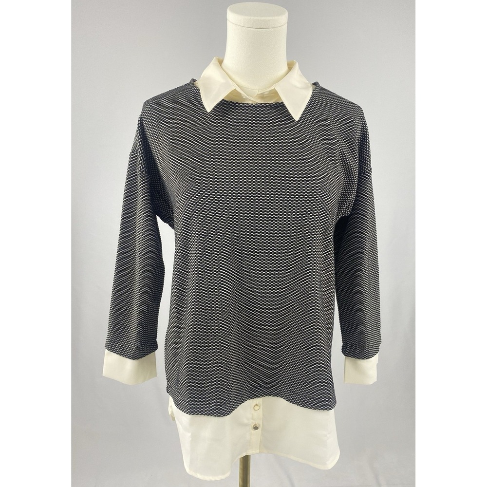 Ann Taylor Mixed Media Sweater Top Women XS Black Ivory Textured Layered Preppy